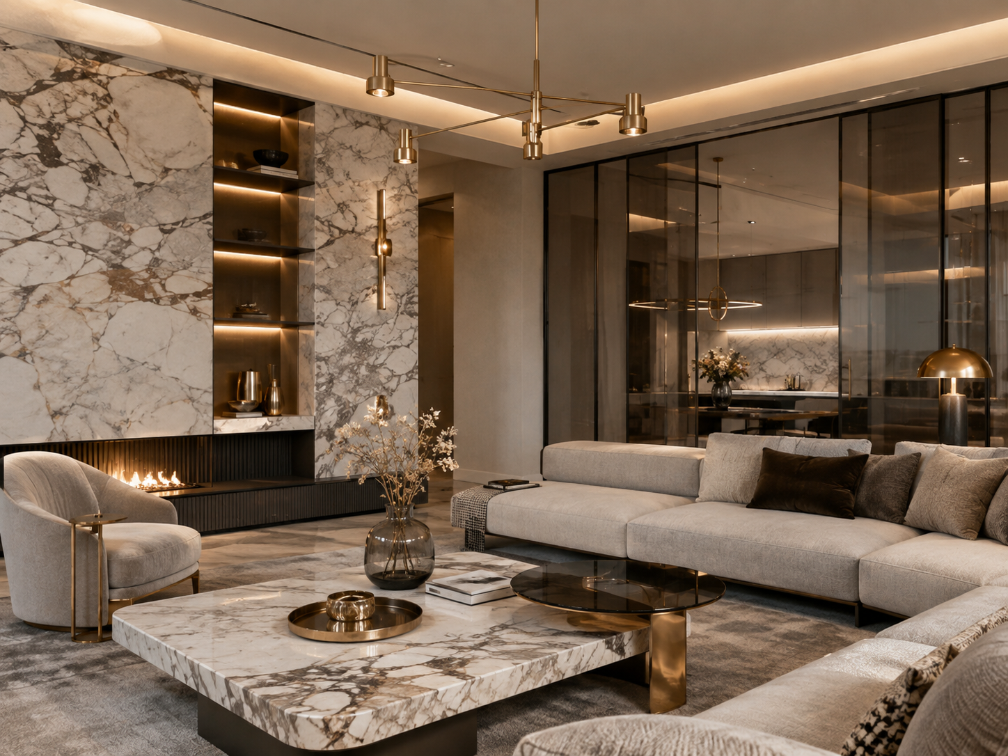 Không gian phòng khách Modern Luxury với đá marble, gỗ và kim loại cao cấp