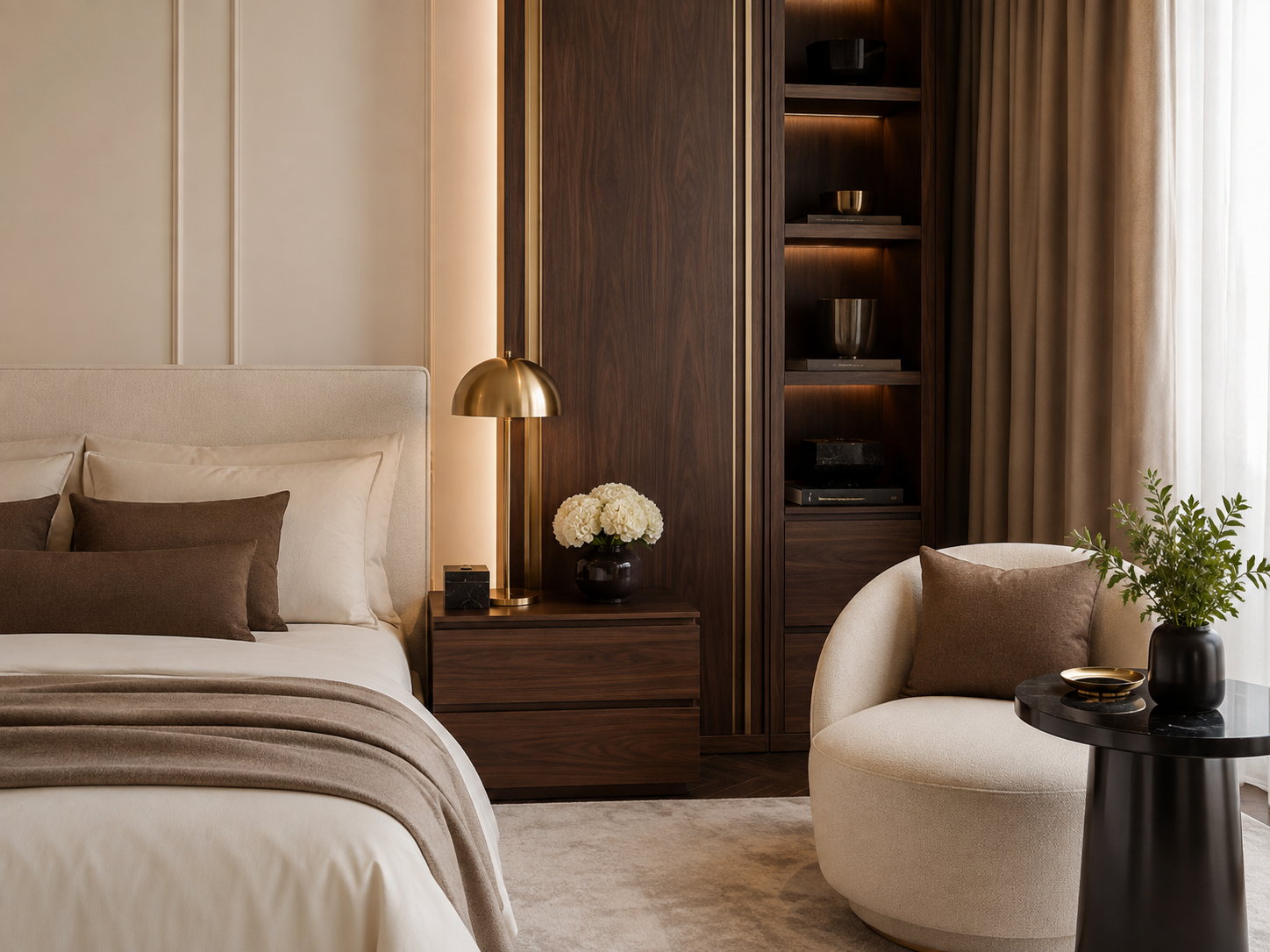 Phòng ngủ Modern Luxury với tông trắng kem, be, nâu óc chó và điểm nhấn đen