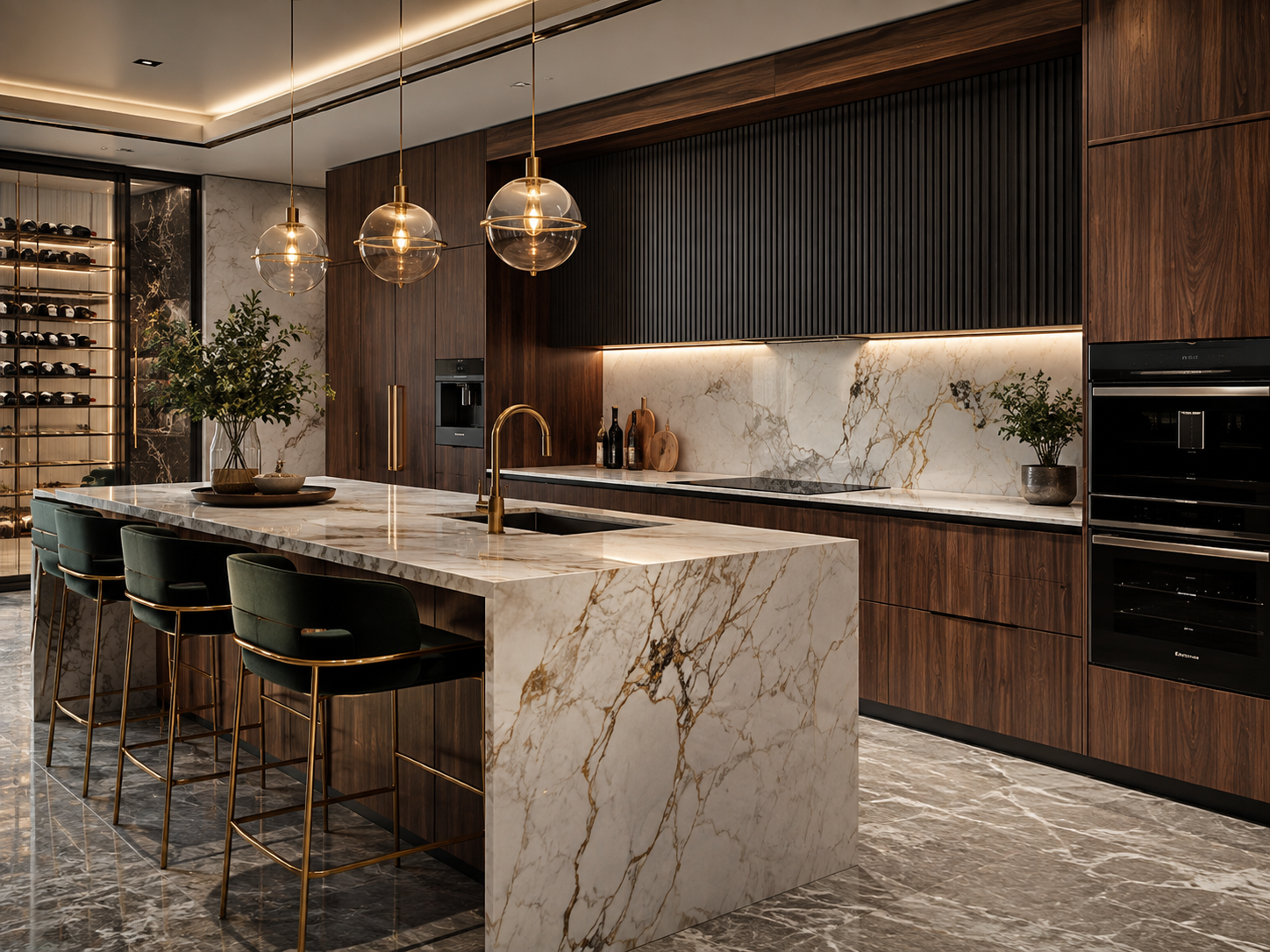 Phòng bếp Modern Luxury với đảo bếp đá marble và hệ tủ gỗ walnut