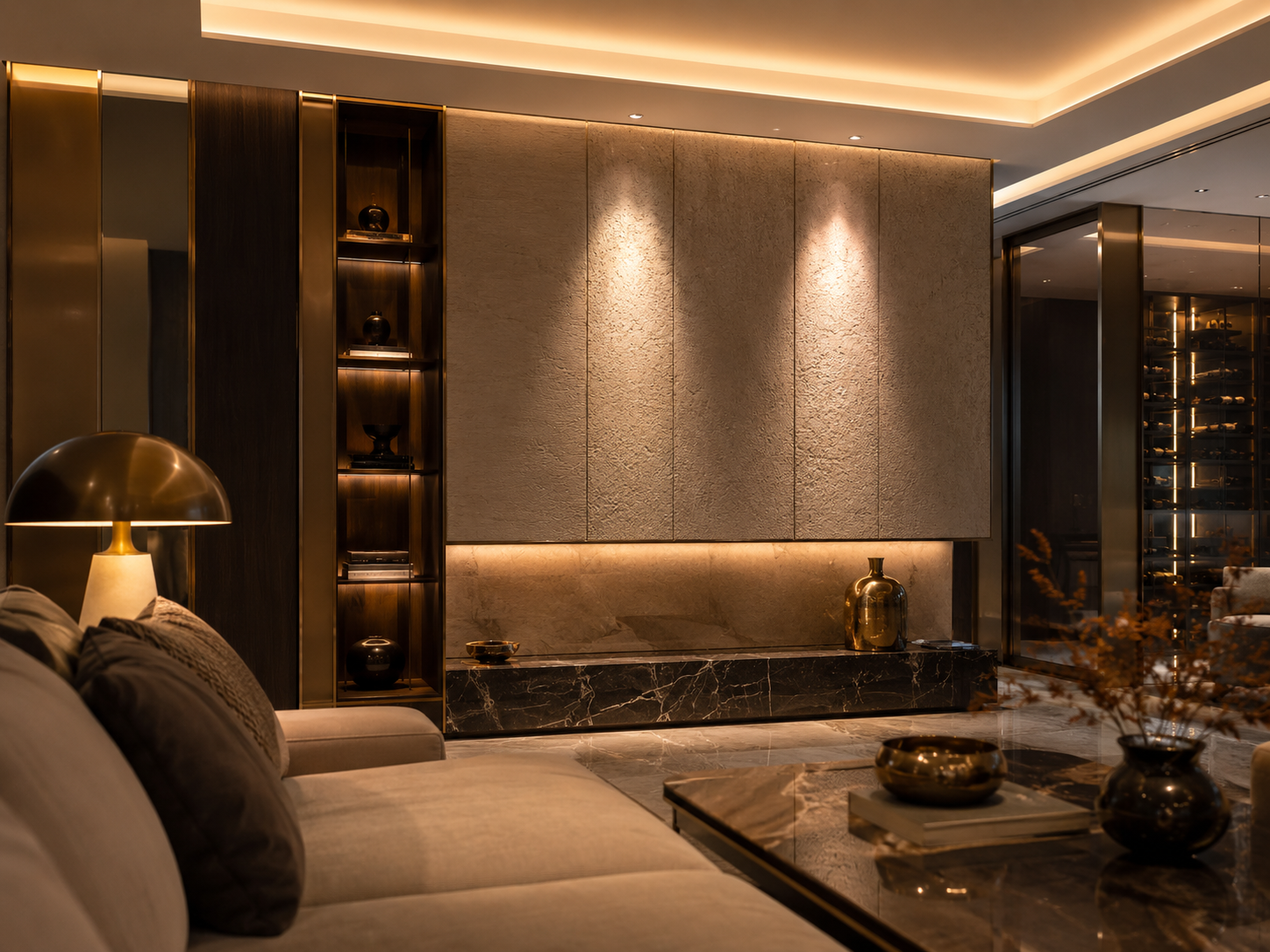 Không gian Modern Luxury với hệ ánh sáng hắt, đèn trang trí và spotlight nhiều lớp
