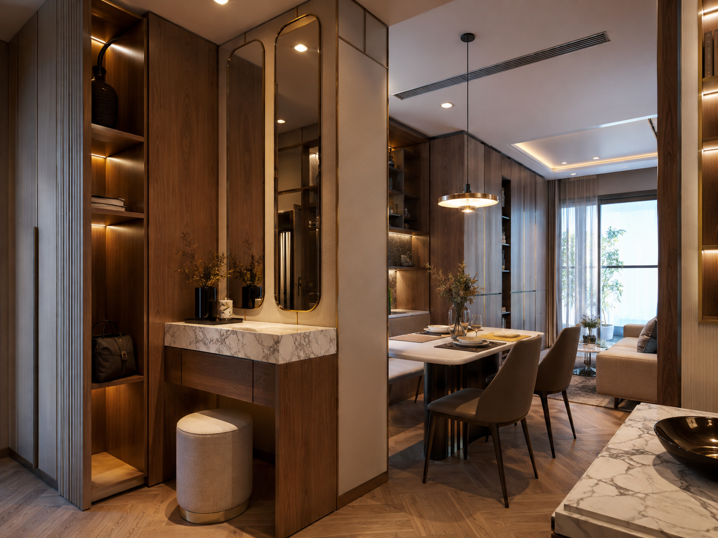 Căn hộ nhỏ thiết kế Modern Luxury với nội thất âm tường và không gian mở